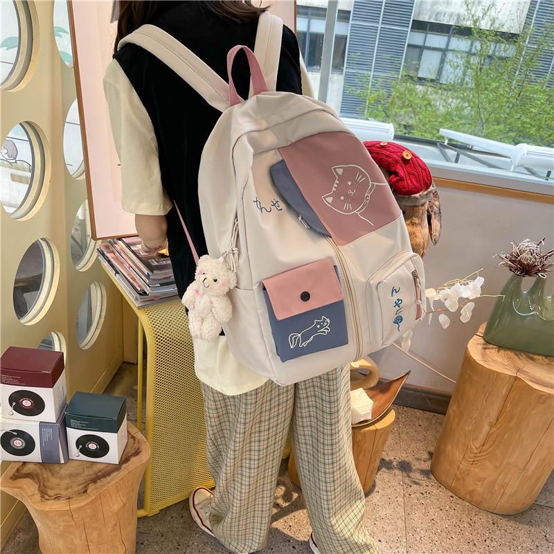 Hundreds of Simple Junior High School Students Schoolbag Large Capacity Primary School Students Schoolbag Cute Cat Pattern