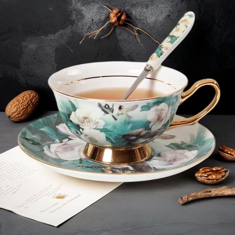 TLXT Bone China Camellia Magpie Coffee Cup Set