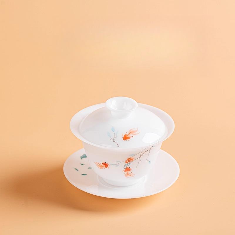 Fugui Fish Hand-painted Ice Jade Porcelain National Style Three Talents Cover Bowl Kung Fu Tea Set Single Tea Bowl High-end