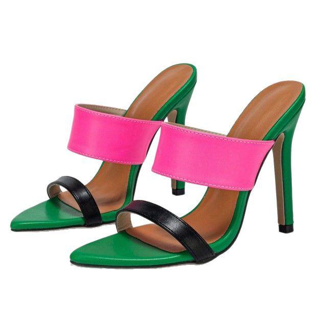 Women's pointed head color matching color contrast word with stiletto sandals women's shoes personalized green high heels