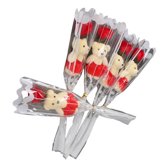 Valentine's Rose Flower Bouquet with Bear Single Soap Flower with Plush Bear Artificial Rose Bouquet Gifts for Weddings Anniversaries