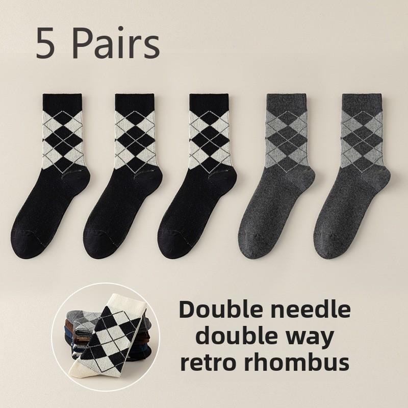 5 Paar Herren Herbst- und Winter Neue Reine Baumwolle Retro Diamant Business Kniestrümpfe
