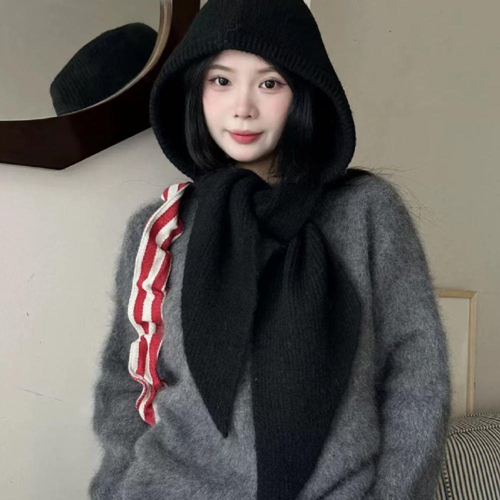 Knitted Beanies Cap For Women Winter Warm Integrated Hooded Hat Neck Collar Scarf Cap Ski Beanie Cold Hats Balaclava Caps Bonnet