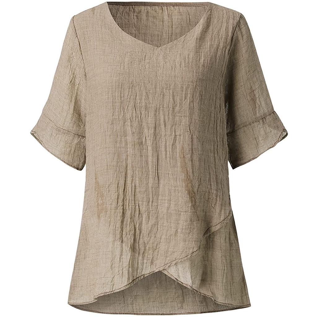 Tunic top da donna asimmetrico a maniche corte con girocollo, camicetta colorata