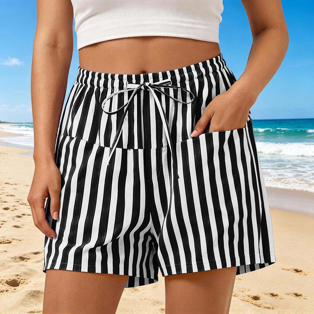 Women's Casual Striped Shorts with Elastic Waist and Drawstring Pockets Lightweight Comfortable Summer Bottoms