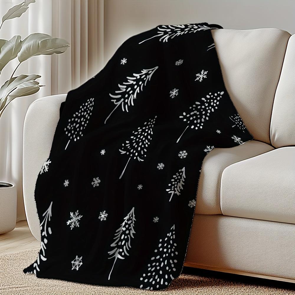 1pc Cozy Christmas Snowflakes Printed Throw Blanket - Soft Flannel Retro Black & White Snowflake & Pine Tree Design - All-Season