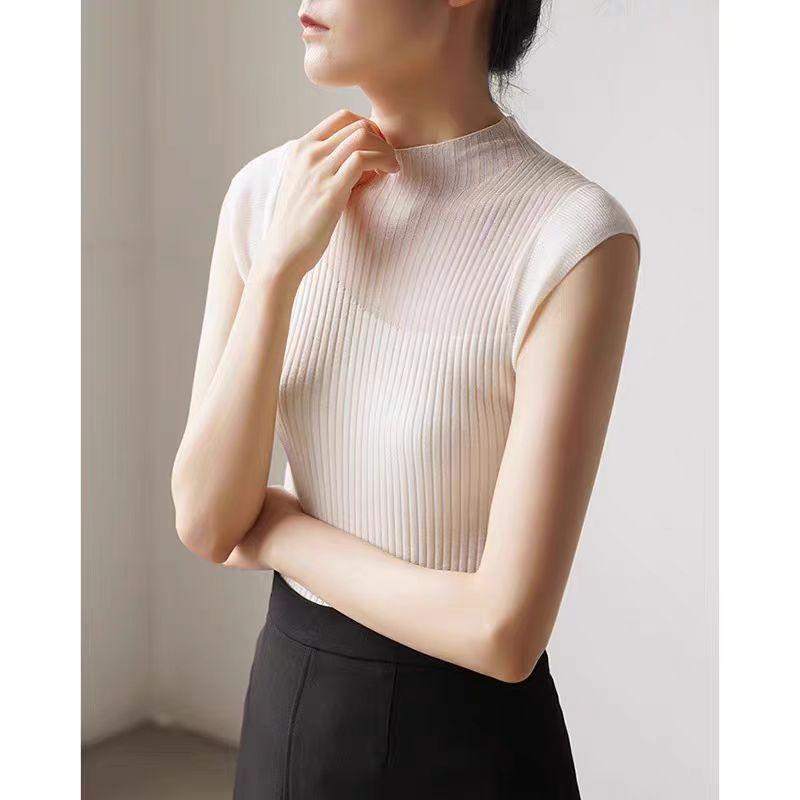 Netzrote Neue Französische Durchscheinende Strickware Kurzarm T-Shirt Damen Sommer Schulter Ärmellos Eisseide Top