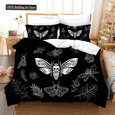 Totenkopfschwärmer Bettbezug Set King Queen Größe Mond Schädel Jugendlich Gothic Insekten Druck Skelett Knochen Polyester Steppdeckenbezug für Kinder