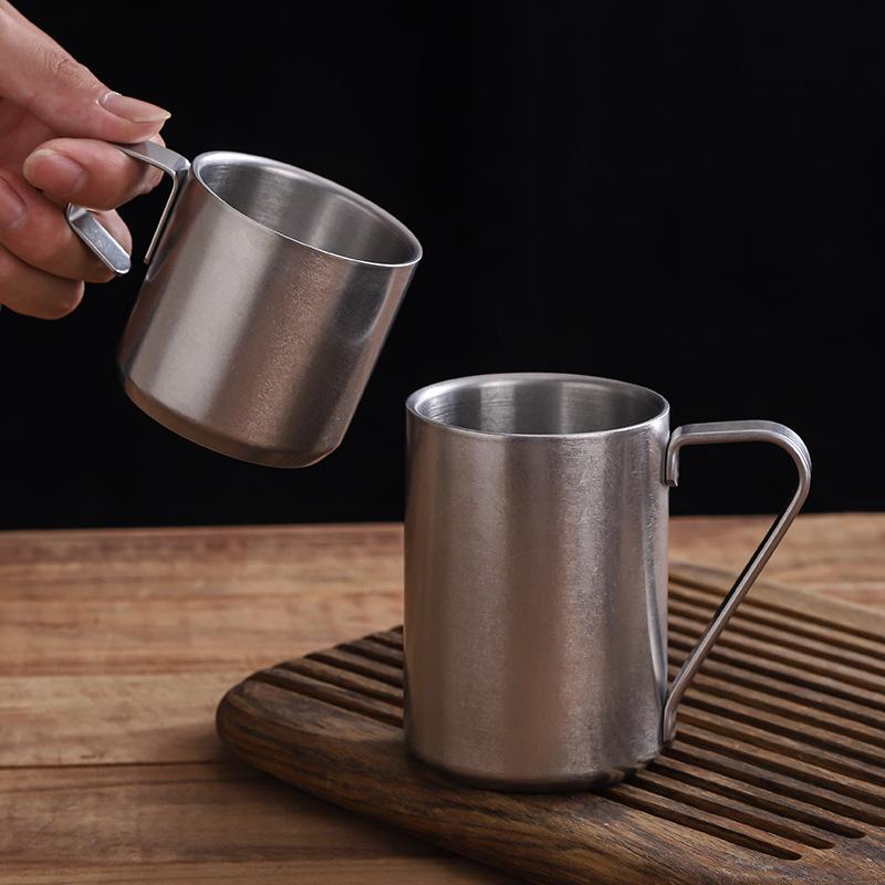 Retro 304 Stainless Steel Double-Layer Insulated Coffee Mug with Handle and Custom Pattern