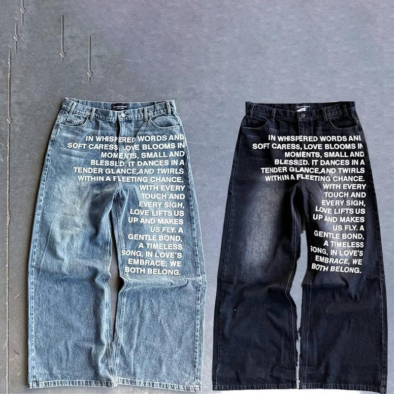Unisex Vintage Potisk Písmen Dámské Pánské Džíny Y2k Harajuku Prané Široké Nohavice Americký Styl Džínové Kalhoty Volné Hip Hop Streetwear