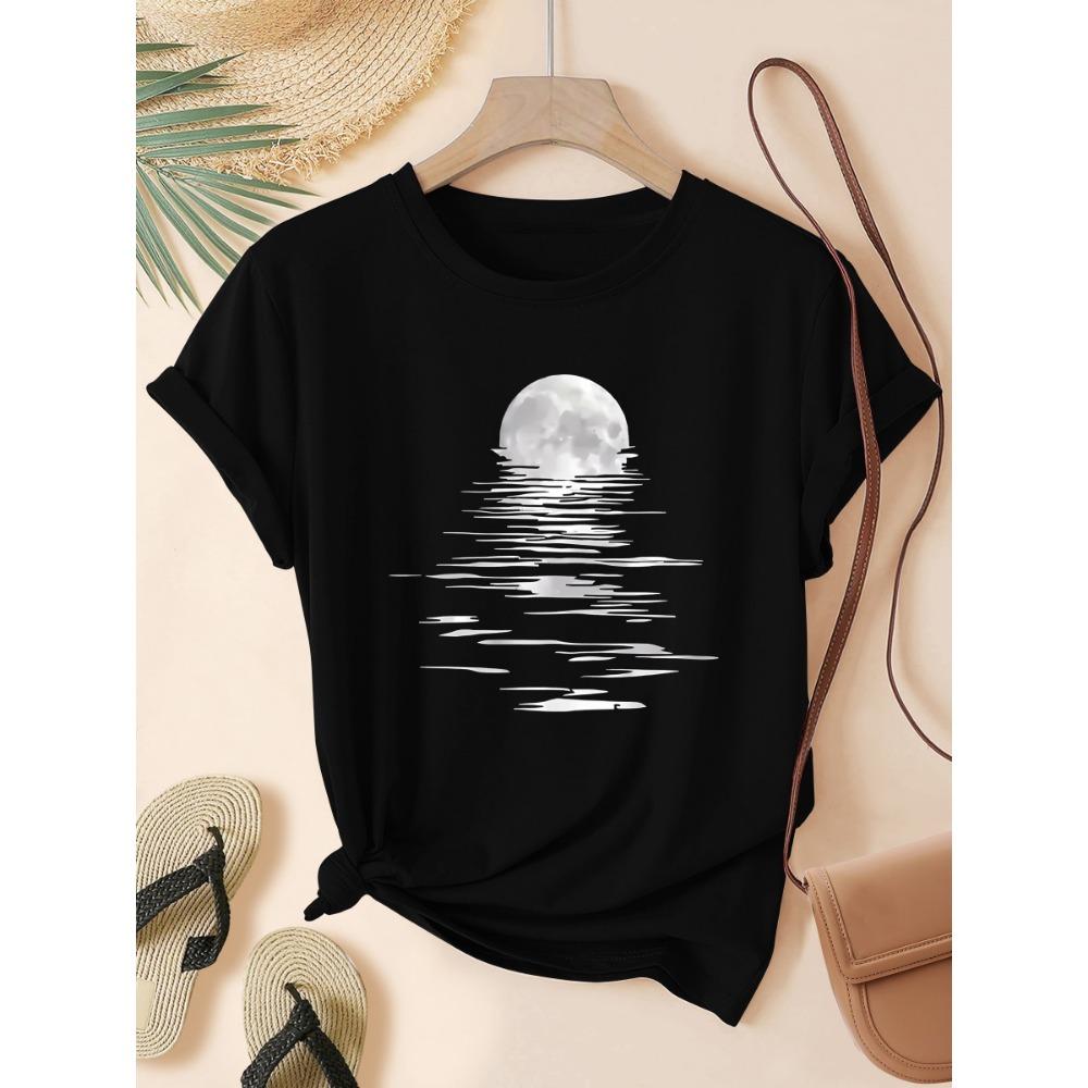 Moonlight Over Water Women's Tee - Minimalist Graphic, Casual Gray Top