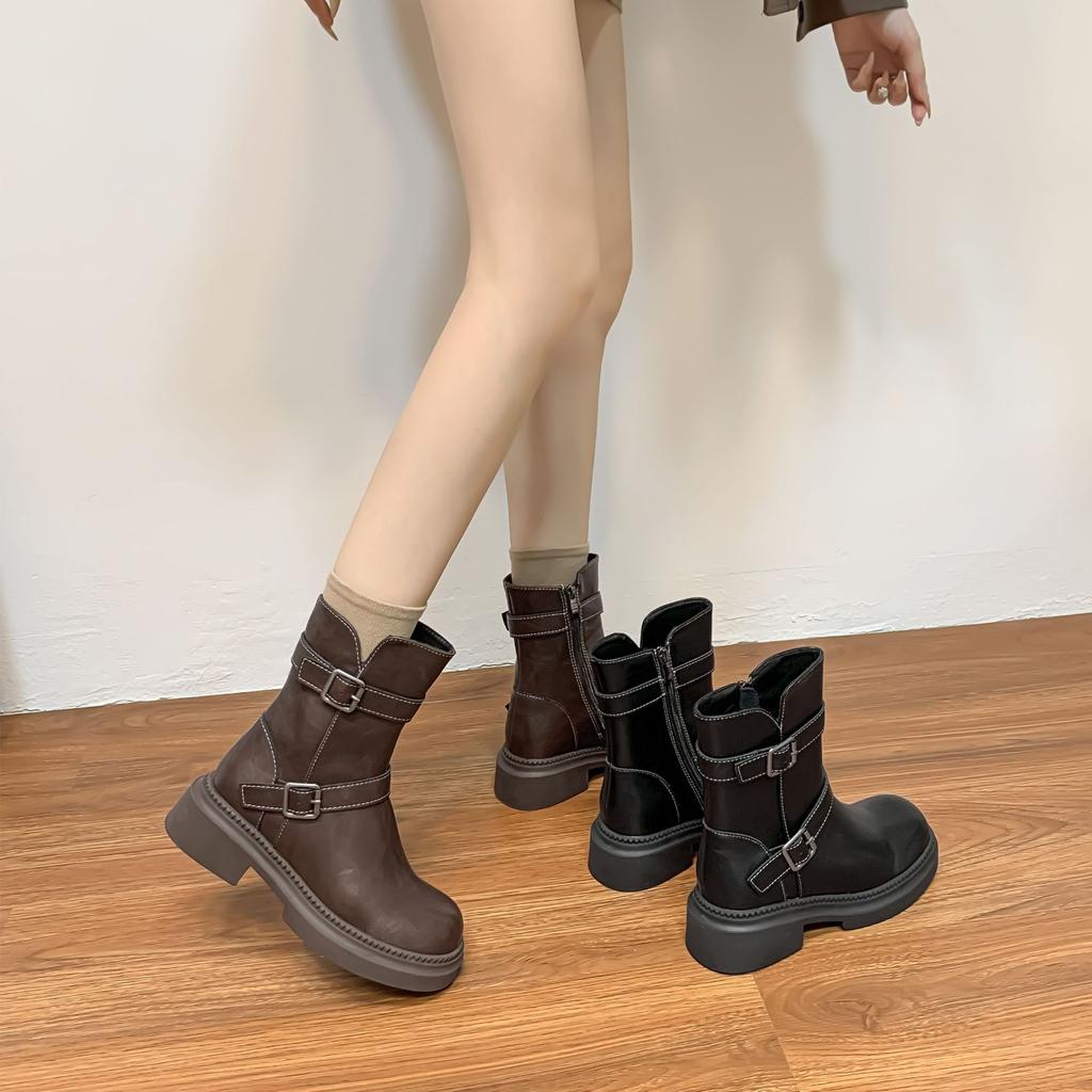 Winter new short knight boots belt buckle Korean version small thick-soled heightening women's boots daily versatile boots