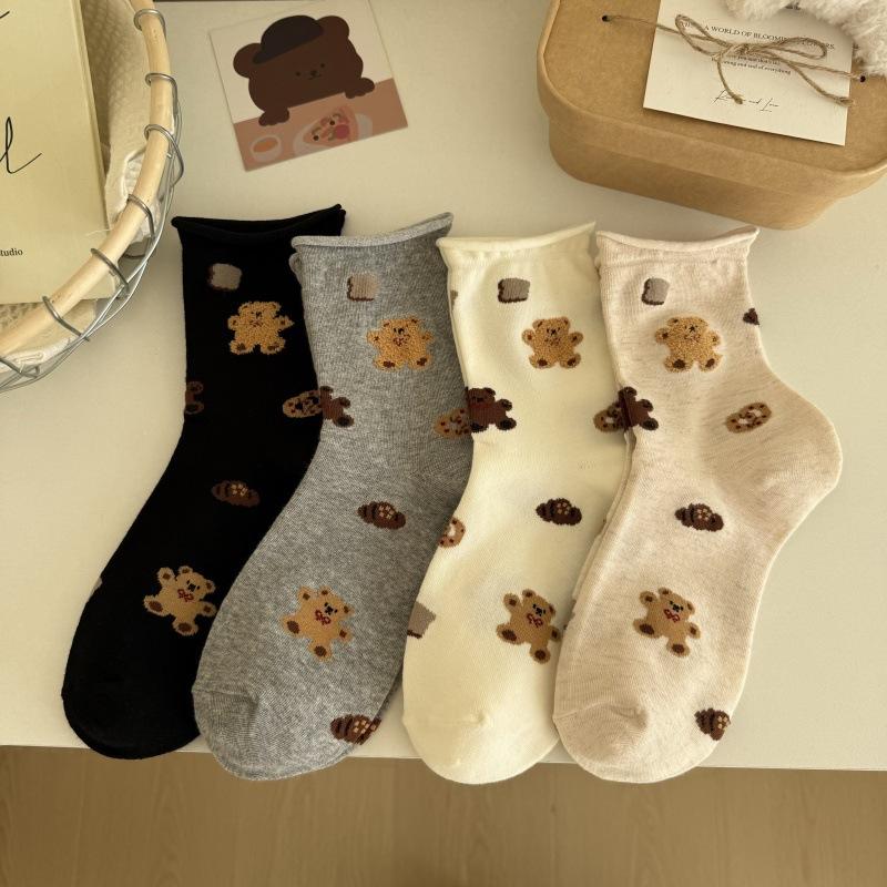 Ladies Spring New Cute and Versatile Cartoon Bear Rolled Edge Loose Mouth In The Tube Socks