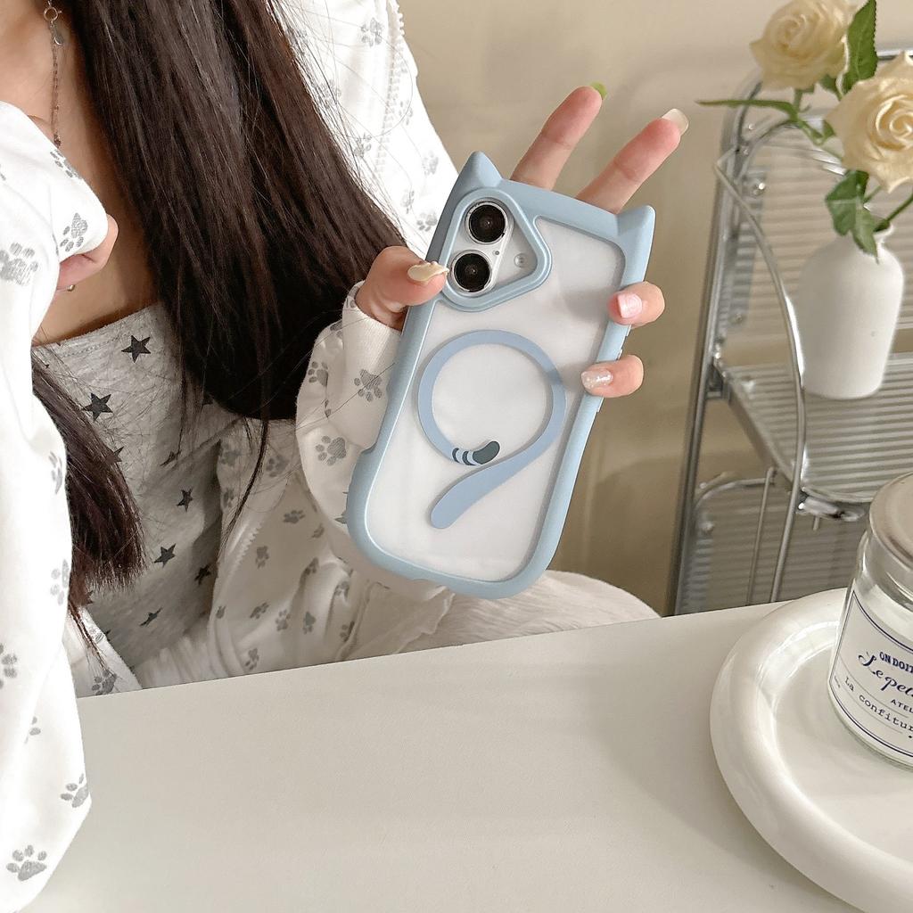 Applicable to iPhone17PRO mobile phone case ins wind cat ears magnetic charging Apple 16/15 hard case acrylic E