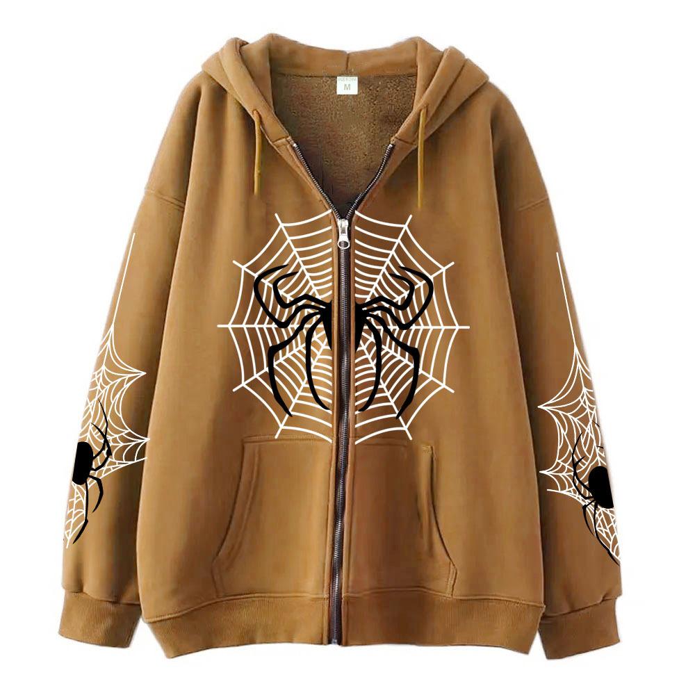 2023 Cross-border spider web zipper foreign trade sweater street tide spring and autumn hoodie American retro casual coat women