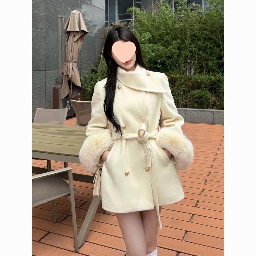Women s Elegant Chic Wool Coat with Scarf Collar - Petite Short Jacket, 2026 Winter Collection Extra Large