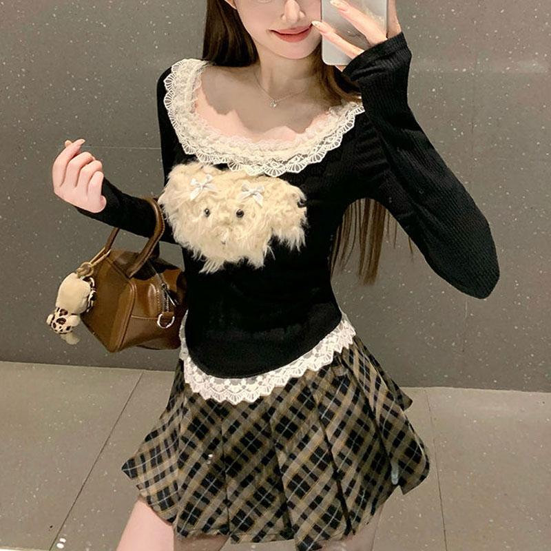 Sweet Lace Spliced Slim T-shirt Women's Clothing Chic Cartoon Puppy Spring Autumn Long Sleeve Hotsweet Square Collar Pullovers