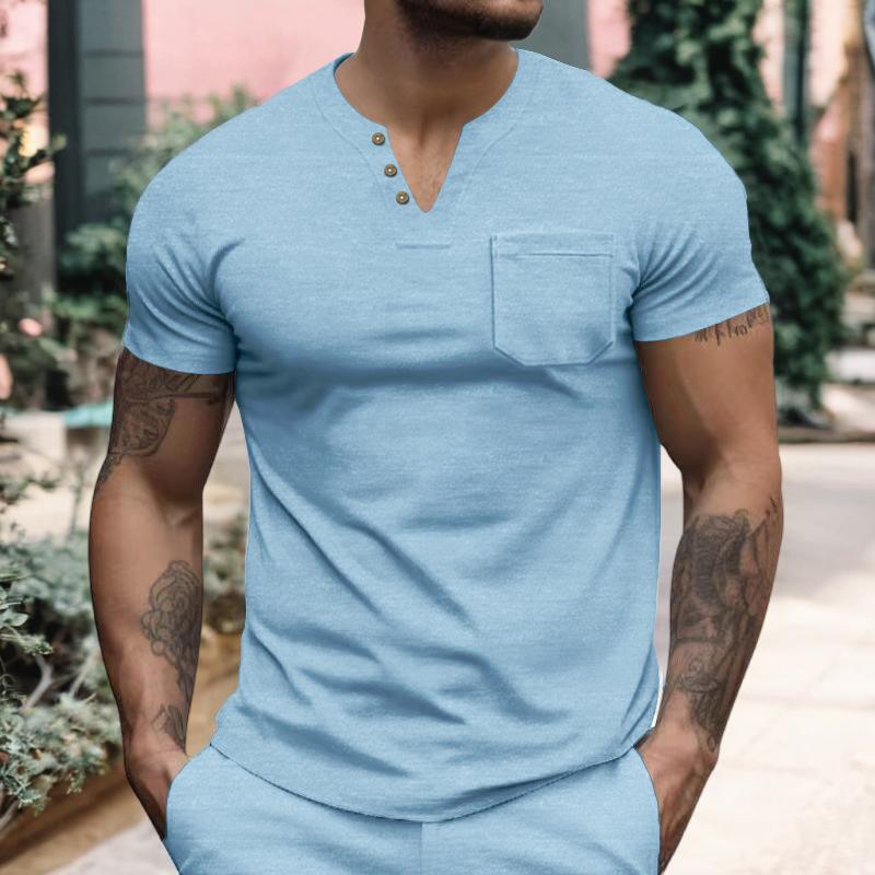 Summer Men's Thin V-Neck Solid Color Casual Breathable Short Sleeve T-Shirt With Pocket