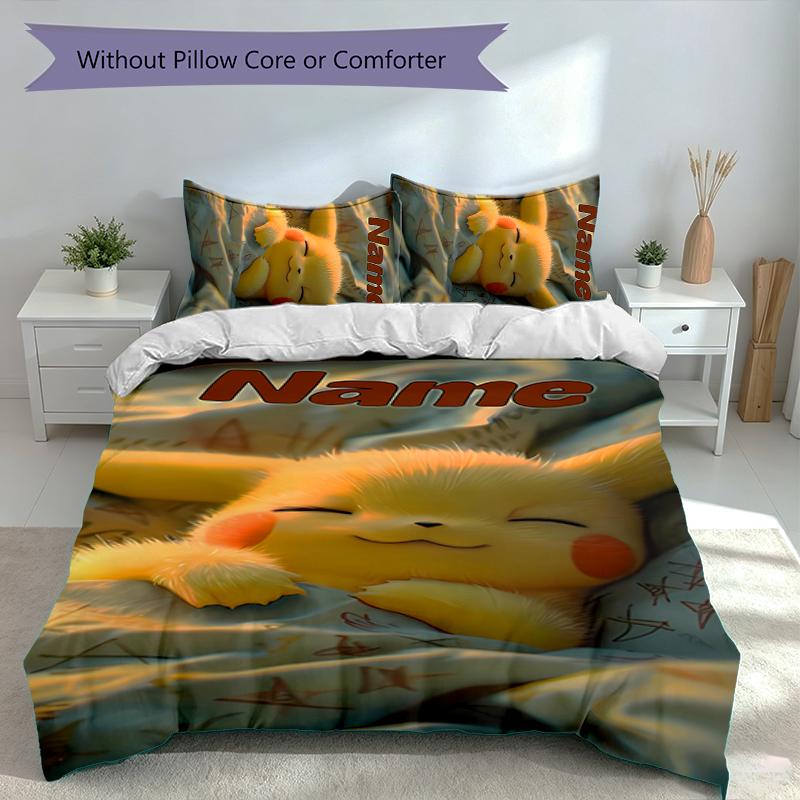 3pcs Custom Name Pokémon Pikachu Bedding Set,Includes 1 Duvet Cover and 2 Pillowcases,All-season Bedroom Decor