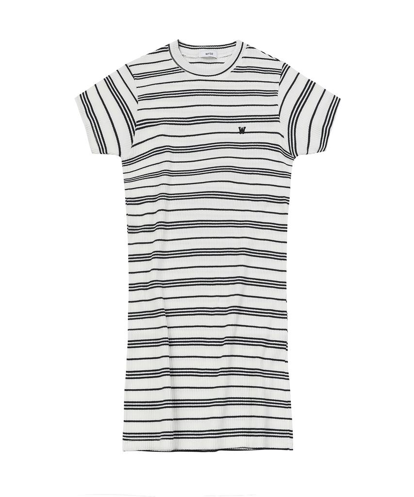 Wise Round Striped Short Sleeve Dress (White)