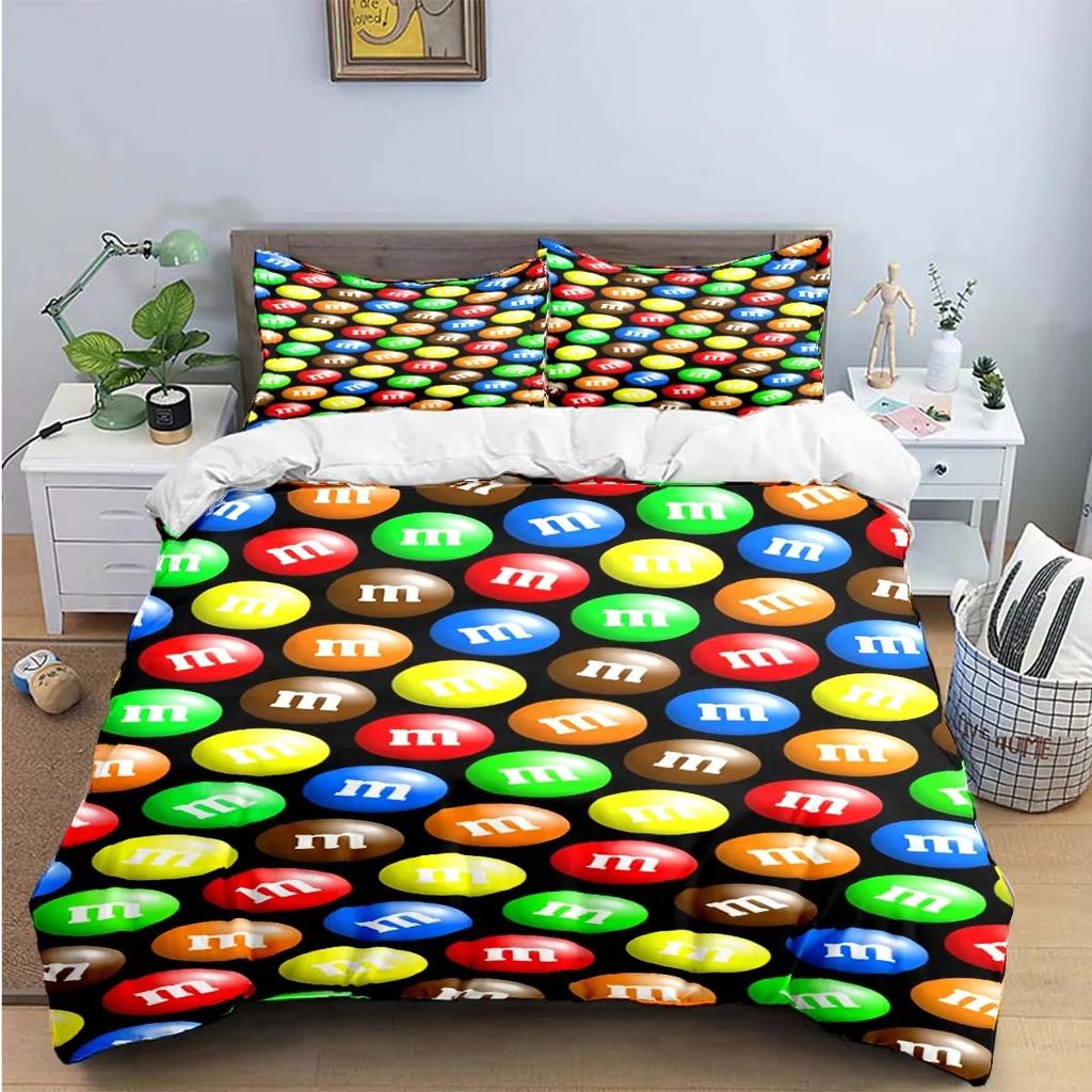 Cartoon M&M Bettbezug Kissenbezug Schokolade Bettwäsche Set Erwachsener Junge Mädchen Schlafzimmer Dekoration Kinder Einzel Doppel Große Größe
