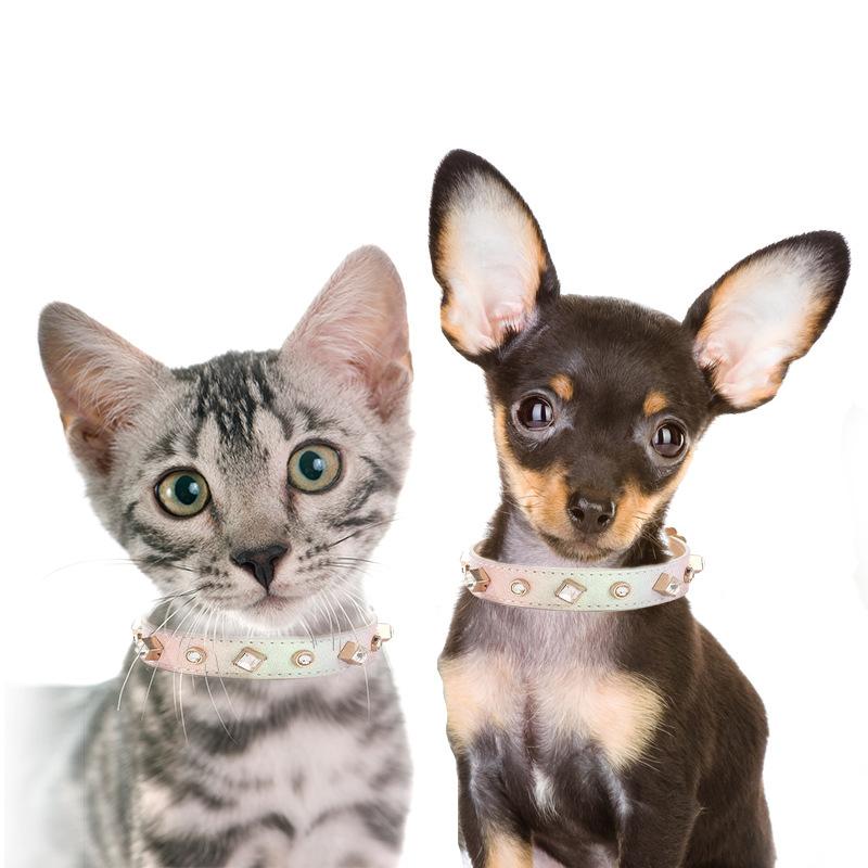 Shiny Gradient PU Leather Pet Collar with Crystal Rivets - Adjustable Bling Dog Cat Collar for Small Pets Yorkshire Accessories