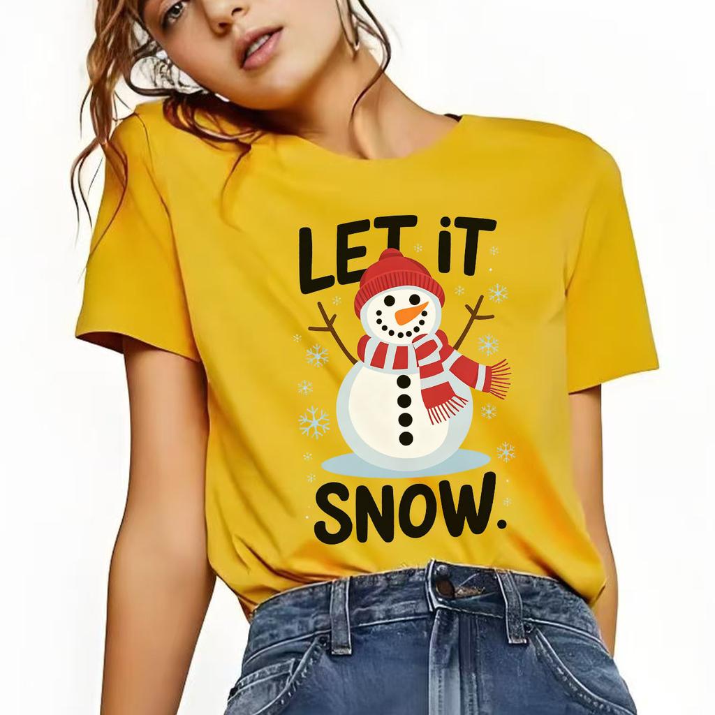 Christmas snowUnisex cartoon printed Womens short sleeved holiday Tshirt with summer round neck suitable for daily versatility