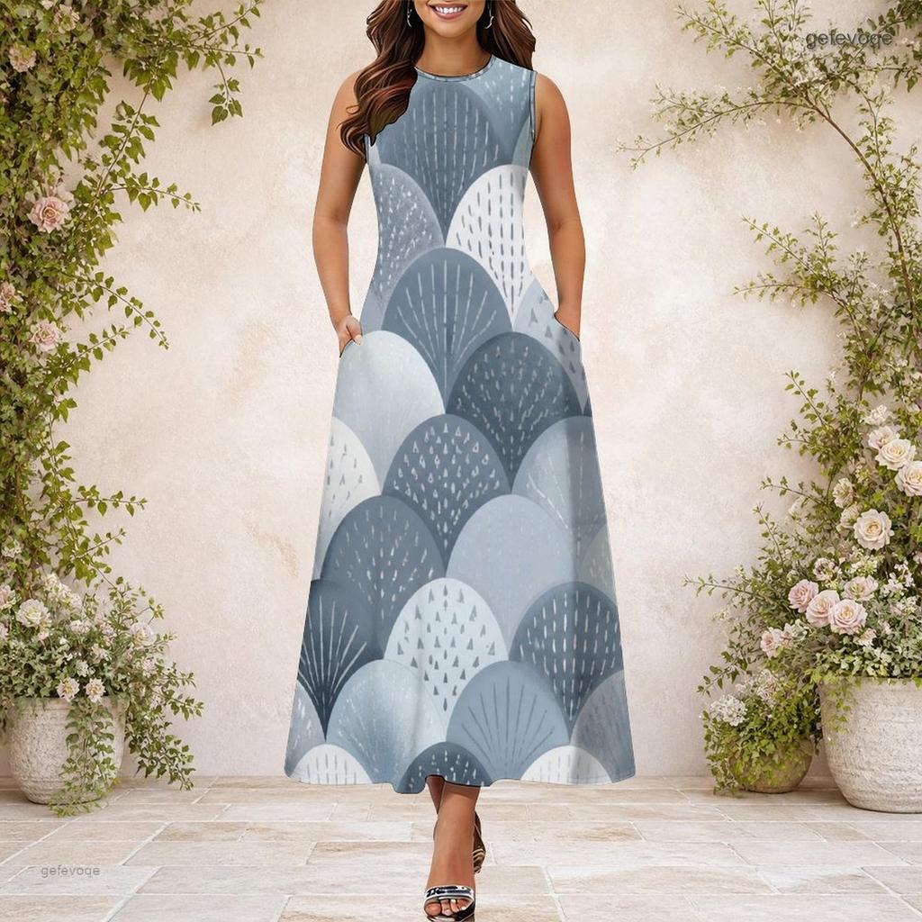 Women Plus Size Round Neck Sleeveless Geometric Printed A Line Maxi Dress With Side Pockets