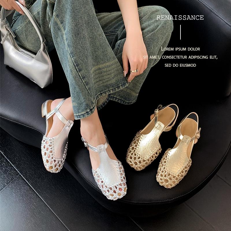 Fashion Women's new summer square head genuine leather cowhide woven hollow out comfortable and breathable low heel toe Muller sandals