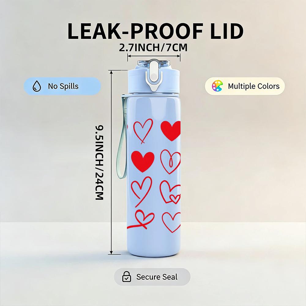 1PC Simple Red Hearts Collage Graphic,750ml Color Plastic Sports Water Bottle,Leakproof Flip Straw Lid,Suitable for Sports Office Home Use
