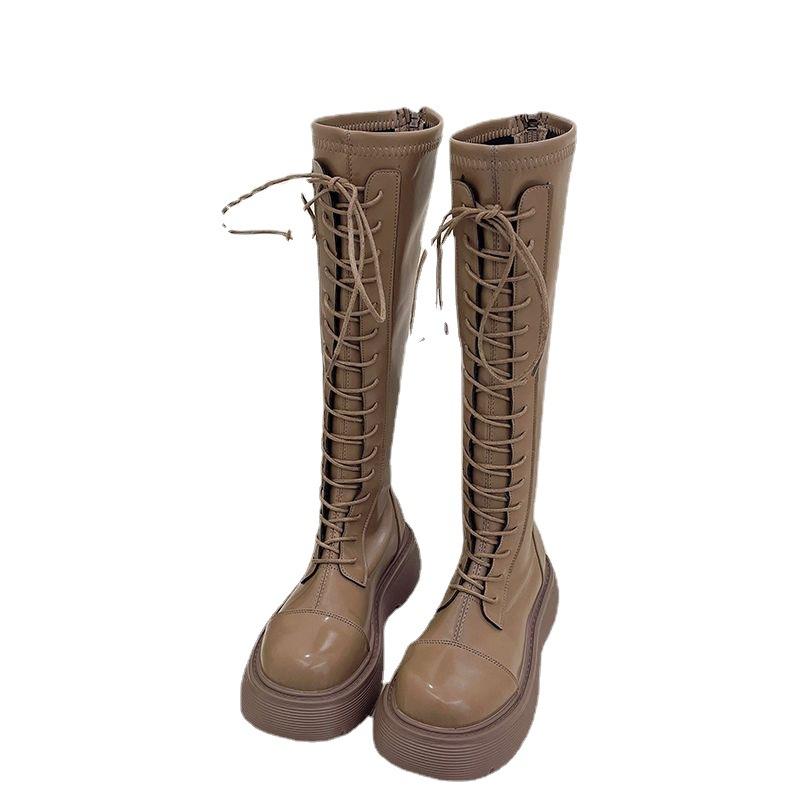 Stövlar Damstövlar Nytt på hösten och vintern Vita Plattformstövlar Fleece Snörning Höga Martin-stövlar