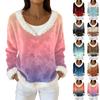 Women's Fashion Plush V Neck Pullover Top Long Sleeve Tee Printed Sweatshirt