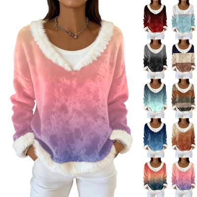 Women's Fashion Plush V Neck Pullover Top Long Sleeve Tee Printed Sweatshirt