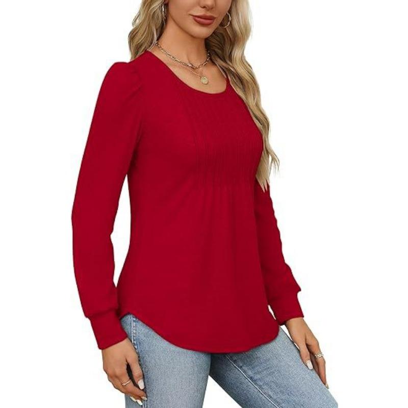 Women's Blouse Bubble Sleeve Drawstring Ruffle Round Neck Long Sleeve Top