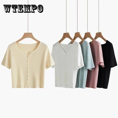Kardigan dzianinowy z krótkim rękawem i dekoltem w serek, cienki T-shirt, damskie dopasowane krótkie topy