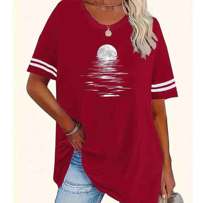 

Женская летняя футболка в стиле ретро, модная, с коротким рукавом, повседневная, с принтом луны 8XL красный
