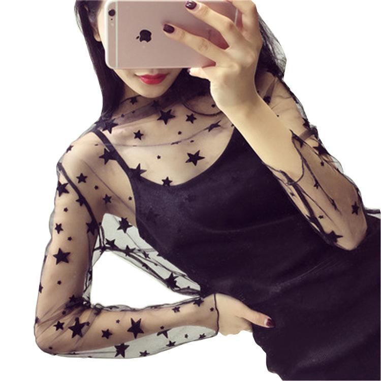 Jaro/Léto Krajková Síťovina Průsvitná Vrstva: Sexy top s dlouhým rukávem v korejském stylu