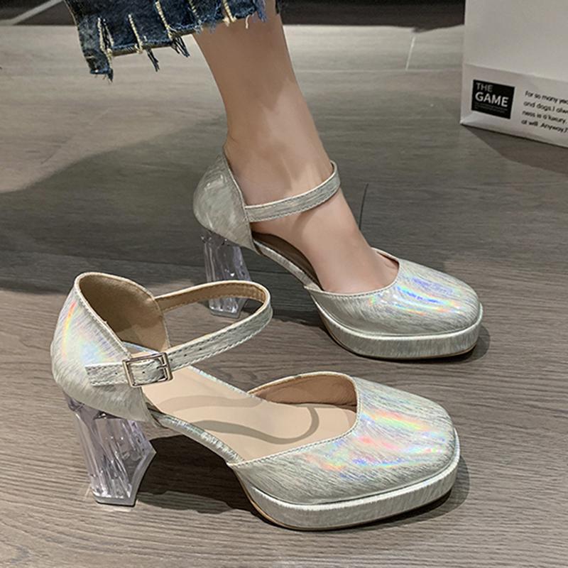 Fashion Patent Leather High Heels Sandals Women Summer 2024 Chunky Platform Party Sandals Woman Clear Thick Heeled Ankle Straps Pumps