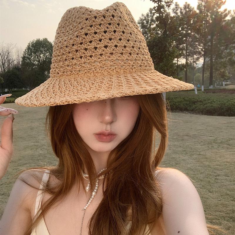 Summer Women Hollowing Out Straw Hat Outdoor Seaside Vacation Visor Cap Casual Shade Panama Sun Hats Fashion Jazz Top Beach Hat