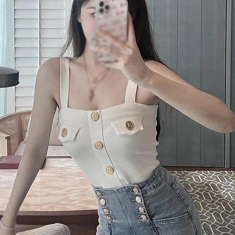 

Вязаные майки для женщин, легкая базовая майка без рукавов, повседневная майка, облегающий укороченный топ, базовая рубашка One Size