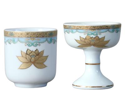Namukuma-chan Workshop Set of 2: Medium Buddhist Altar Bowl and Tea Cup (1.6 Inch) - Buddhist Altar Set with Gold Lotus Design - Porcelain - Rice Bowl