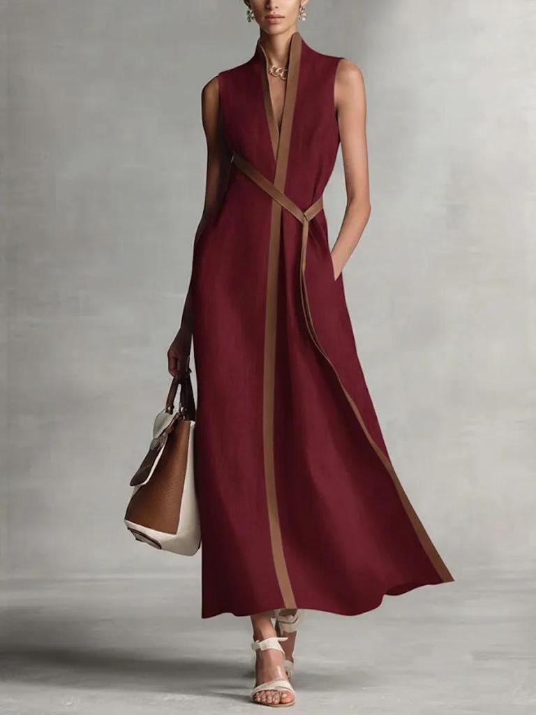 2026 Spring European & American Women's Color Block Sleeveless V-neck Cotton Linen Elegant Dress