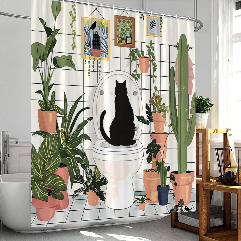 Plant Shower Curtain Cats Green Potted Plants Leaves Cat on the Toilet Modern Bathroom Decor Polyester Fabric Bathtub Curtain