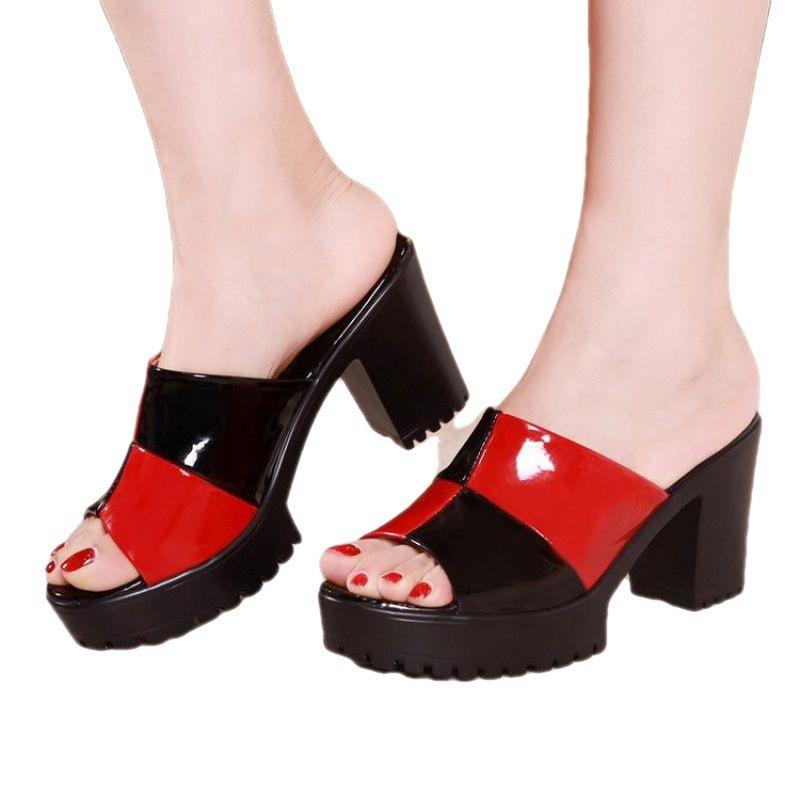 2025 Patent Leather Platform Slides Sandals Summer Peep Toe Shoes Elegant High Heels Slippers Women Party Office Footwear