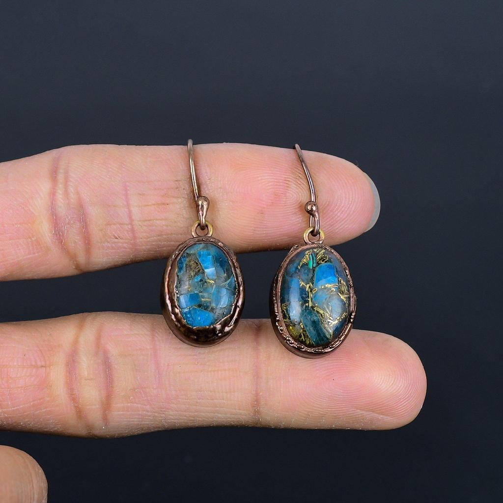 Copper Neon Blue Apatite Copper Electroformed Earrings, Handmade Gemstone Earrings Jewelry, Gifts For Wife Brand New Earrings