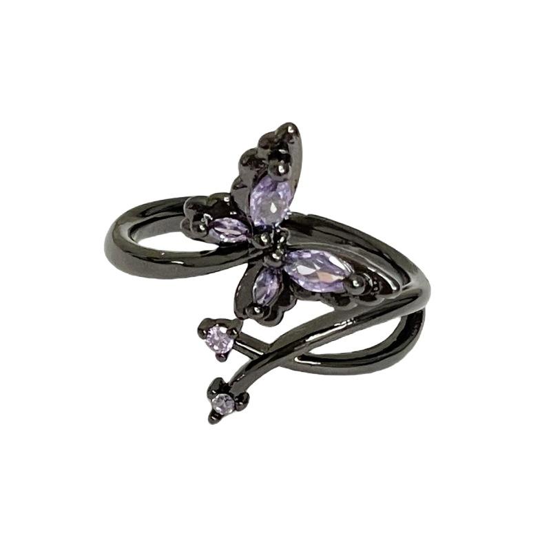 Dark Zircon Butterfly Open Ring, Female Trendy Cool Niche Design, High-End Purple Diamond Index Finger Ring