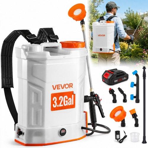 VEVOR Battery Powered Backpack Sprayer, 12L Powerful Electric Backpack Sprayer, 2 Retractable Wands & 5 Nozzles, Adjustable 0-90 PSI