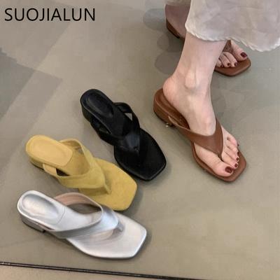 Fashion SUOJIALUN 2025 Summer New Brand Women Slipper Fashion Square Low Heel Ladies Casual Sandal Shoes Outdoor Dress Slip On Flip Flop