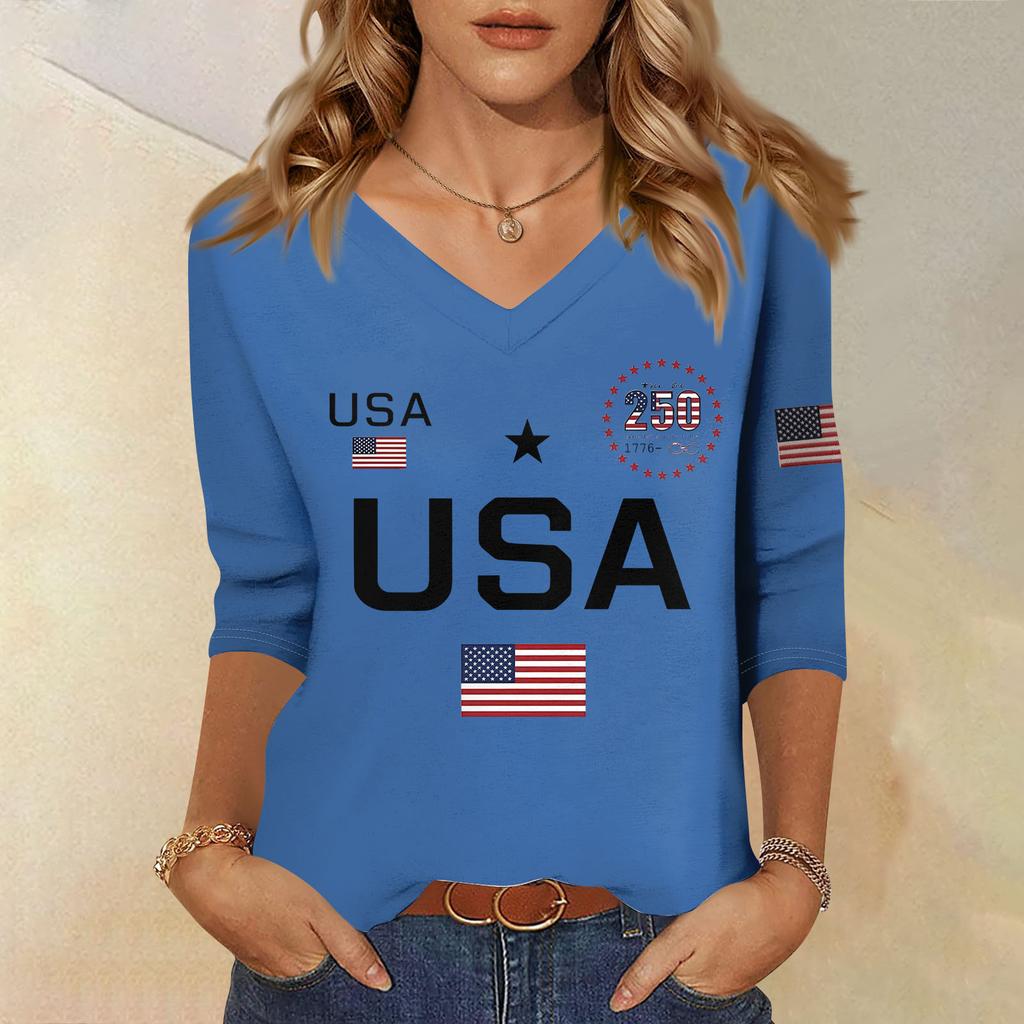Damen T-Shirt Print 3/4 Ärmel Alltag Wochenendmode Basic V-Ausschnitt Normales Oberteil