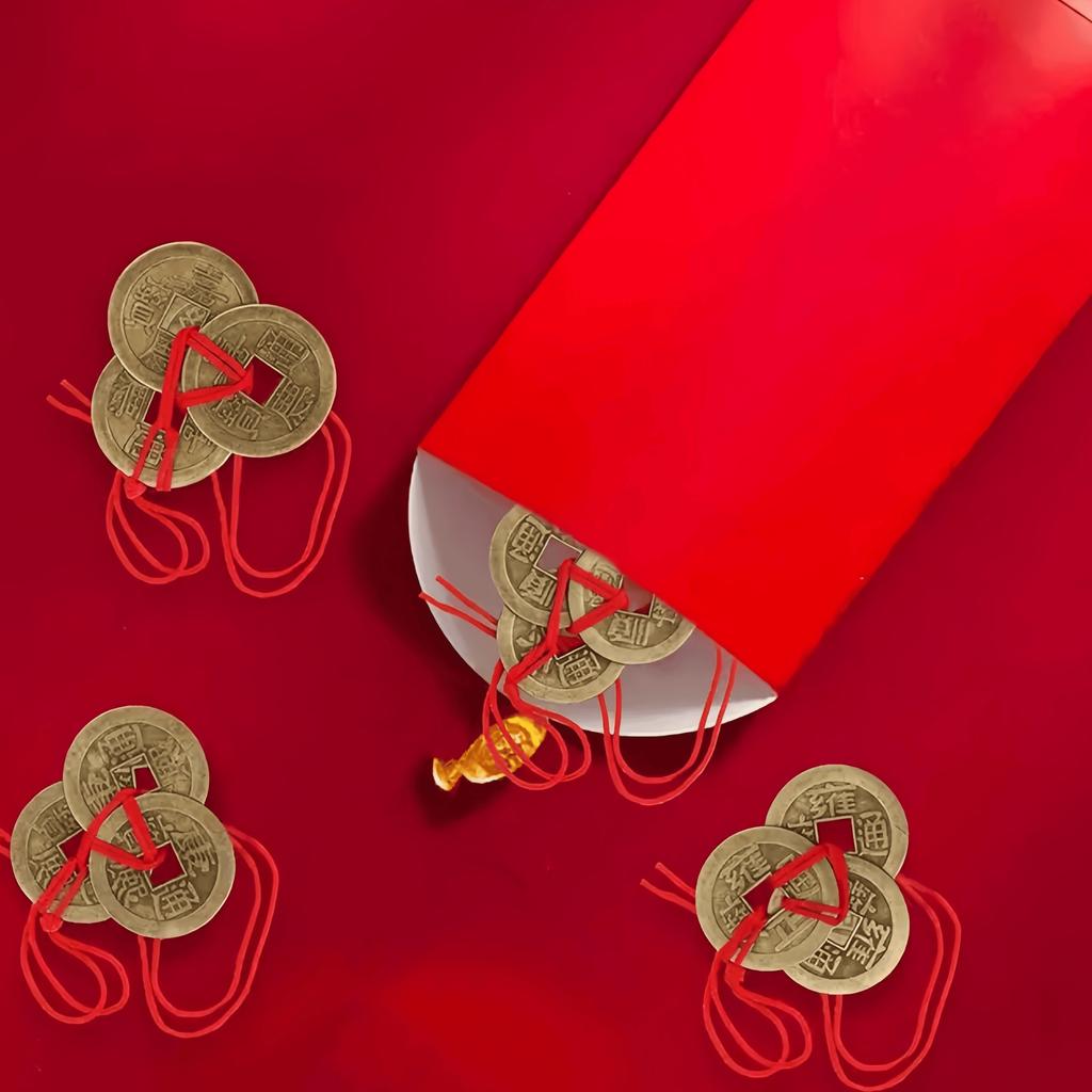 3/9pcs Retro Chinese Traditional Red Rope Lucky Coins-Antique Brass Feng Shui Decorative Pendant, Feng Shui Decoration,New Year